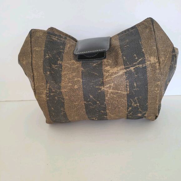 Fendi Pequin Nylon Medium Bag Pouch Vintage Handbag Zip Italian Brown Logo - Picture 1 of 10
